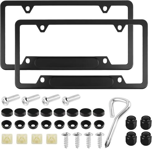 2PCS Aluminum Alloy Car License Plate Frames with Car Valve Stem Caps,Sturdy Cars Plates Frame Protects & Decorates Your License Plate,4 Holes Cars Licence Plates Frame Holder in Kuwait
