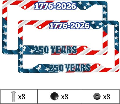 1776-2026 250 Years License Plate Frame 2 Pack, Patriotic Stars & Stripes Aluminum Plate Holder, Standard US 12x6, 4-Hole Mount, Fade-Resistant Print, Screws Included in Saudi Arabia