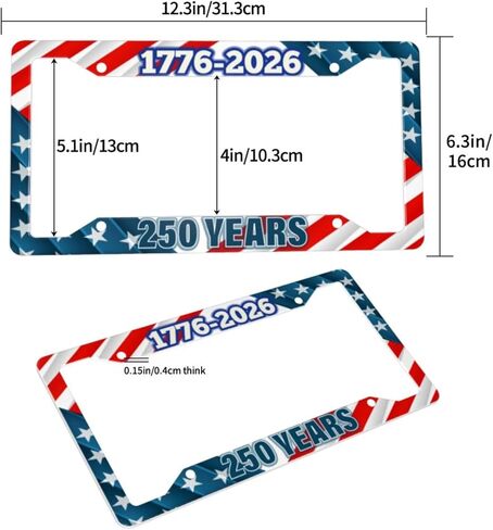 1776-2026 250 Years License Plate Frame 2 Pack, Patriotic Stars & Stripes Aluminum Plate Holder, Standard US 12x6, 4-Hole Mount, Fade-Resistant Print, Screws Included in Saudi Arabia