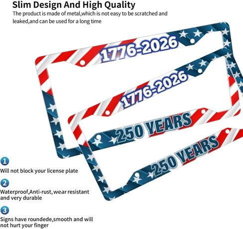 1776-2026 250 Years License Plate Frame 2 Pack, Patriotic Stars & Stripes Aluminum Plate Holder, Standard US 12x6, 4-Hole Mount, Fade-Resistant Print, Screws Included in Saudi Arabia