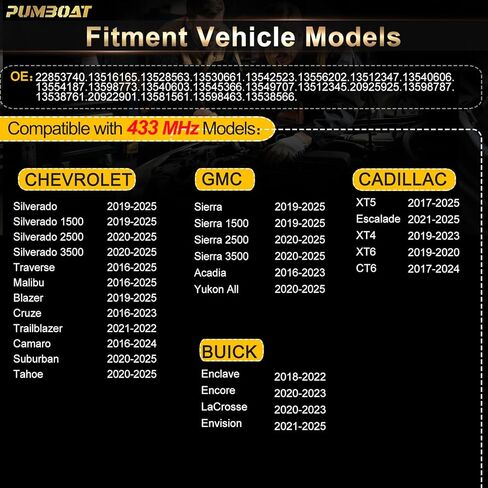 TPMS 433Mhz Pre-Programmed Tire Sensor,with Chevrolet Silverado(19-25)|Traverse(16-25)|Malibu(16-25)|Blazer(19-25)|Cruze(16-23)|Camaro(16-24)|Suburban(20-25)|Tahoe(20-25)#13598773(Set of 4) in Kuwait