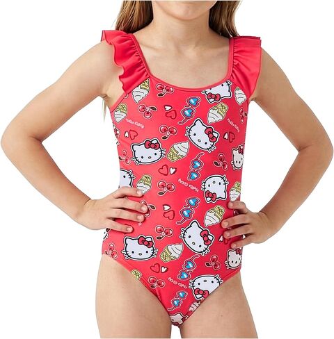 Hello Kitty | Disney Stitch Girls Swimsuit, One Piece Ruffle Bathing Suit, UPF 50 Sun Protection, Kids Swimwear in Saudi Arabia
