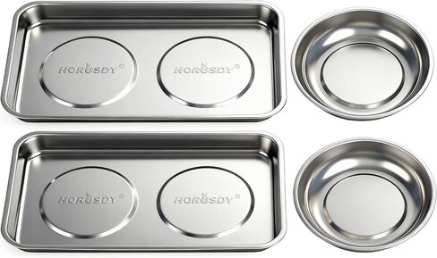 HORUSDY 4-Piece Large Magnetic Parts Tray Set, Stainless Steel Heavy Duty 9.5" W x 5.5''L Square and 4.5" Round Magnetic Trays Tools Parts Tray in Kuwait