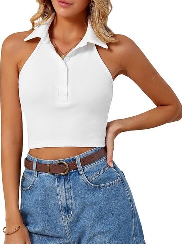 Remidoo Women's Collared Tank Top Half Button Crop Tops Color Block Fitted Sleeveless Shirt in Saudi Arabia