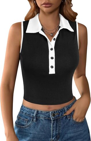 Remidoo Women's Collared Tank Top Half Button Crop Tops Color Block Fitted Sleeveless Shirt in Kuwait