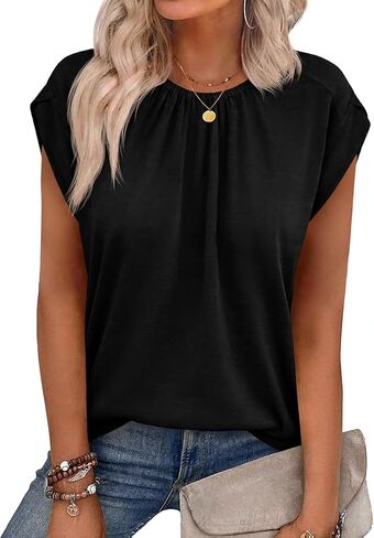 Tankaneo Womens Cap Sleeve Cropped Tank Tops Summer Pleated Elastic Crew Neck T Shirts Casual Loose Fit Basic Tees in Saudi Arabia