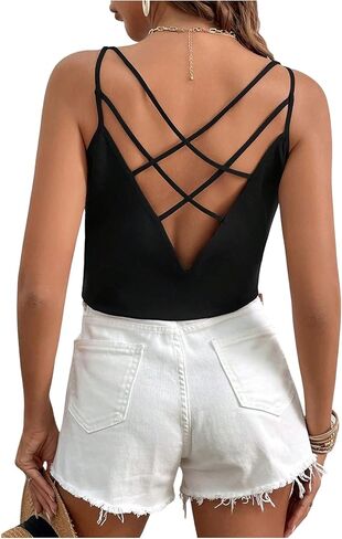 SweatyRocks Women's Criss Cross Back Tank Tops V Neck Cami Top Hollow Out Camisole Shirt in Saudi Arabia