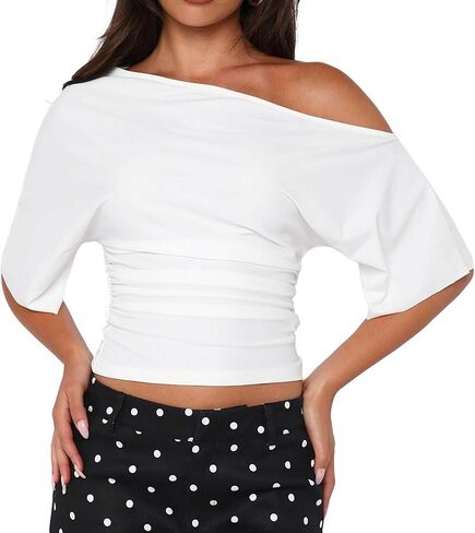 YFANG Women's Off Shoulder Short Sleeve Crop top Ruched Asymmetrical Y2K Going Out T Shirt in Kuwait