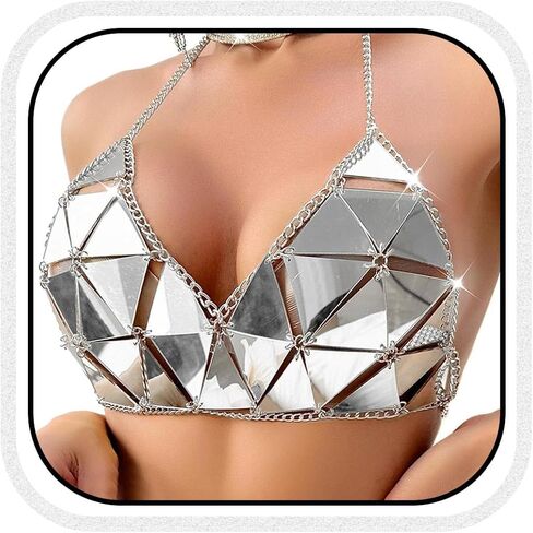 Easedaily Sparkly Sequin Bra Body Chain Halter Chest Chains Top Nightclub Bikini Body Chain Tops for Women in Kuwait