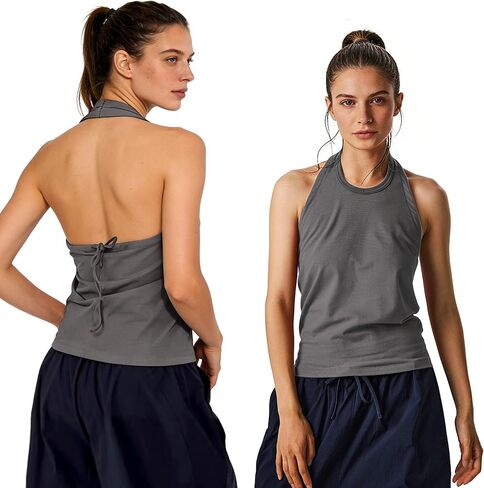 Women's Halter Backless Tank Top, Navy Blue, Stretchy Cotton, Adjustable Drawstring, Yoga Gym Activewear Crop Top in Kuwait