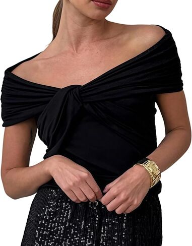 Women's Y2K Off-Shoulder Crop Top - Ruched Sleeveless Blouse for Beach Party in Saudi Arabia