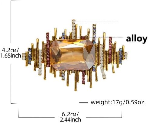Vintage Crystal Brooch Pin, Gold Alloy with Champagne Stone, Rhinestone Accents, Art Deco Style, 2.44x1.65 Inch in Saudi Arabia