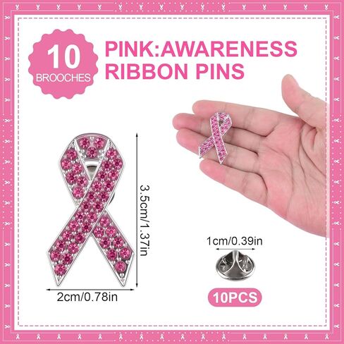 WANDIC 10Pcs Pink Ribbon Brooches Breast Cancer Pins Awareness Ribbon Badges with Diamonds for Public Charity Fundraiser Events in Saudi Arabia
