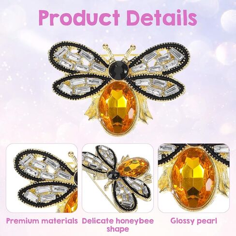 2Pcs Elegant Honey Bee Rhinestone Brooch Pin, Vintage Crystal Insect Lapel Pins for Women, Stylish Accessories Lapel Brooches for Women, Perfect for Parties, Dates, Daily Wear in Kuwait