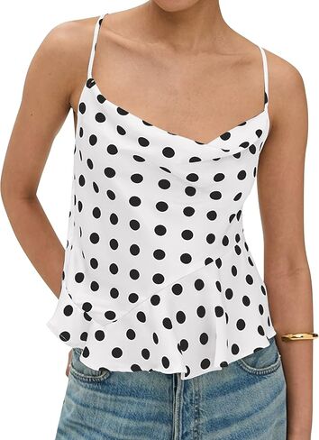 Women’s Polka Dot Satin Tank Top 2025 Sexy Tie Back Cowl Neck Sleeveless Cami Asymmetrical Ruffle Hem Shirt in Kuwait