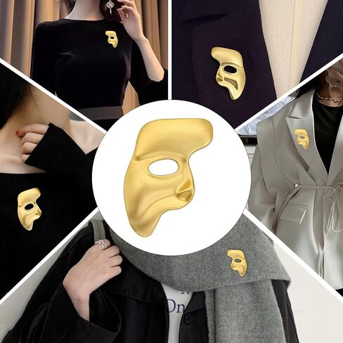 بروش قناع فانتوم أوف ذا أوبرا ذهبي عتيق معدني غير لامع دبوس طية صدر السترة على الوجه - إكسسوار مجوهرات أنيق فريد للرجال والنساء لتزيين الملابس، والحفلات، والعمل والحياة اليومية in Kuwait