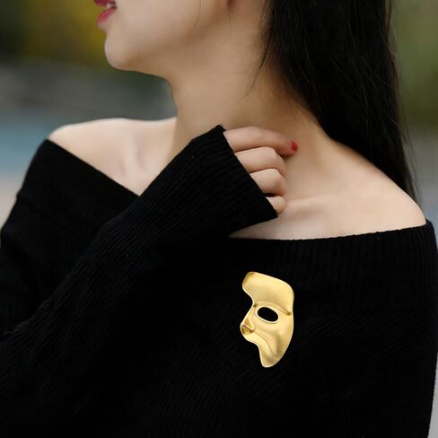 بروش قناع فانتوم أوف ذا أوبرا ذهبي عتيق معدني غير لامع دبوس طية صدر السترة على الوجه - إكسسوار مجوهرات أنيق فريد للرجال والنساء لتزيين الملابس، والحفلات، والعمل والحياة اليومية in Kuwait