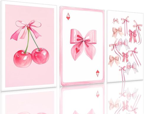 Pormipone 3 Pcs Coquette Pink Bow Canvas Wall Art,Pink Cherry Wall Decor Poster for Girls Room,Preppy Bow Picture Wall Decor for Bedroom Living Room Dining Room in Kuwait