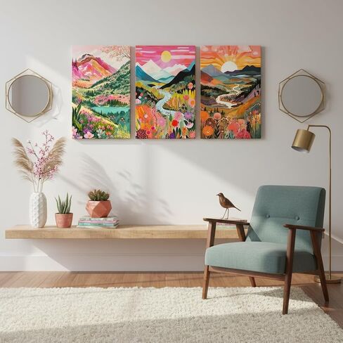 3Pcs Colorful Watercolor Mountain Canvas Wall Art Boho Floral Painting Picture Wall Decor Abstract Nature Landscape Poster Print Artwork for Living Room Bedroom Bathroom Office Home Decoration 12x16in in Saudi Arabia