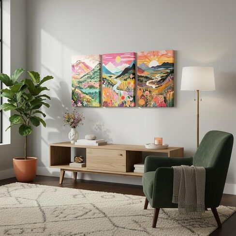 3Pcs Colorful Watercolor Mountain Canvas Wall Art Boho Floral Painting Picture Wall Decor Abstract Nature Landscape Poster Print Artwork for Living Room Bedroom Bathroom Office Home Decoration 12x16in in Saudi Arabia