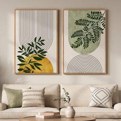 Large Framed Green Boho Wall Art for Living Room, Set of 2 Botanical Geometric Artwork for Walls, Bohemian Modern Neutral Canvas Painting Prints for Bedroom Office Kitchen Hallway Wall Decor, 24x36 In in Kuwait