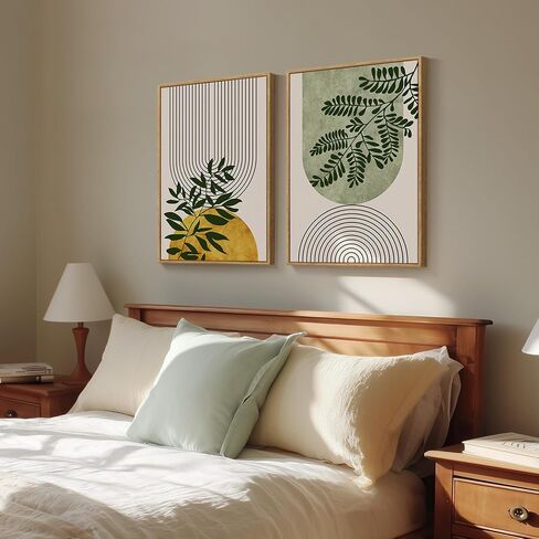 Large Framed Green Boho Wall Art for Living Room, Set of 2 Botanical Geometric Artwork for Walls, Bohemian Modern Neutral Canvas Painting Prints for Bedroom Office Kitchen Hallway Wall Decor, 24x36 In in Kuwait