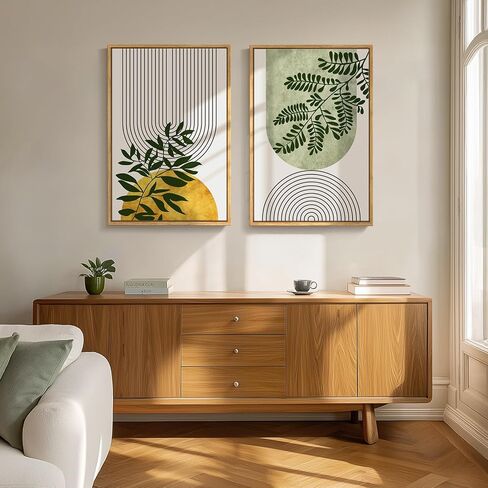 Large Framed Green Boho Wall Art for Living Room, Set of 2 Botanical Geometric Artwork for Walls, Bohemian Modern Neutral Canvas Painting Prints for Bedroom Office Kitchen Hallway Wall Decor, 24x36 In in Kuwait