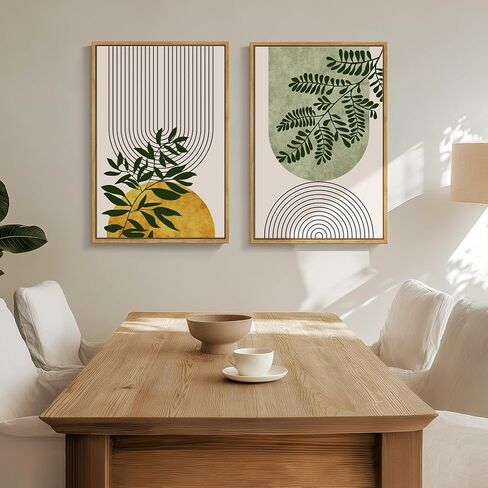 Large Framed Green Boho Wall Art for Living Room, Set of 2 Botanical Geometric Artwork for Walls, Bohemian Modern Neutral Canvas Painting Prints for Bedroom Office Kitchen Hallway Wall Decor, 24x36 In in Kuwait