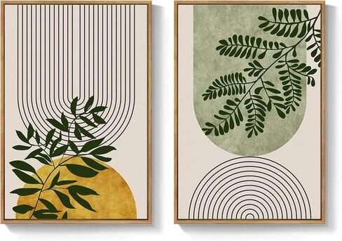 Large Framed Green Boho Wall Art for Living Room, Set of 2 Botanical Geometric Artwork for Walls, Bohemian Modern Neutral Canvas Painting Prints for Bedroom Office Kitchen Hallway Wall Decor, 24x36 In in Kuwait