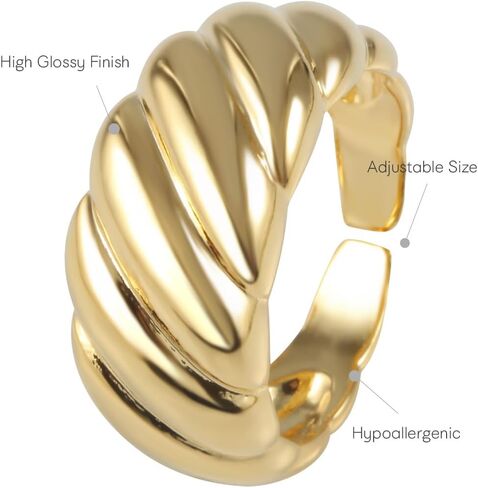 MUSTHAVE 18K Gold Plated Croissant Dome Ring for Women, Open Adjustable Chunky Ring, Lightweight Fashion Jewelry, Twist Shell Design, Yellow Gold in Kuwait