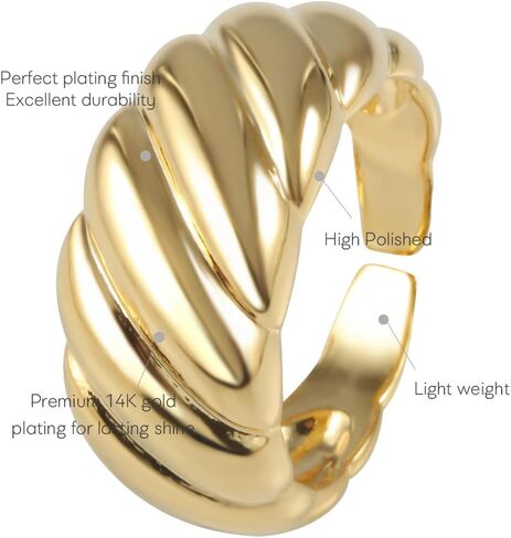 MUSTHAVE 18K Gold Plated Croissant Dome Ring for Women, Open Adjustable Chunky Ring, Lightweight Fashion Jewelry, Twist Shell Design, Yellow Gold in Kuwait