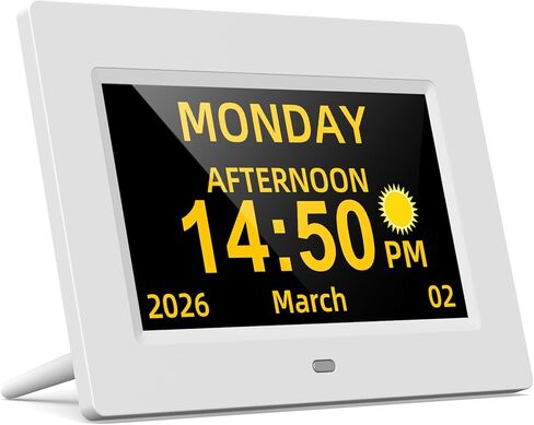 ساعة تقويم رقمية 7 بوصة لكبار السن وكبار السن، شاشة كبيرة جدًا مع تاريخ وشهر غير مختصر، ساعة منبه للخرف لفقدان الذاكرة، تعتيم تلقائي، أبيض in Kuwait