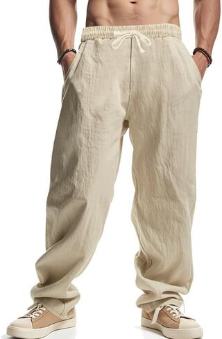 Mens Linen Pants Yoga Beach Loose Fit Casual Summer Elastic Waist Drawstring Baggy Trousers with Pockets Khaki in Saudi Arabia