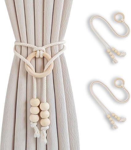 Boho Curtain Tiebacks with Wooden Beads, Handmade Window Drapery Holdbacks, Natural Cotton Rope Curtain Ties for Living Room Bedroom Decor (Set of 2) in Kuwait