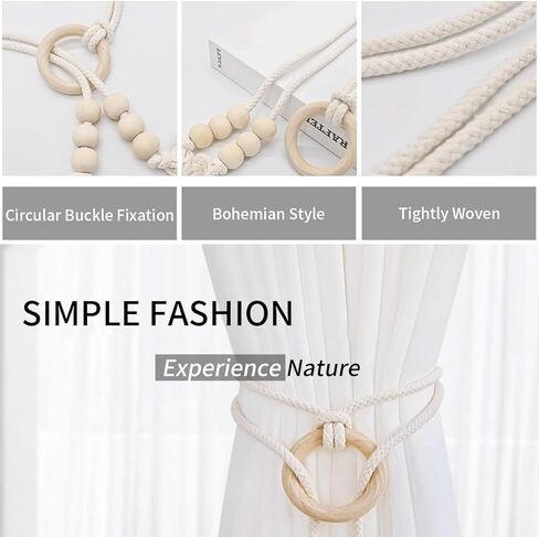 Boho Curtain Tiebacks with Wooden Beads, Handmade Window Drapery Holdbacks, Natural Cotton Rope Curtain Ties for Living Room Bedroom Decor (Set of 2) in Kuwait