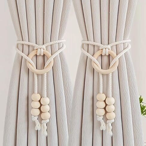 Boho Curtain Tiebacks with Wooden Beads, Handmade Window Drapery Holdbacks, Natural Cotton Rope Curtain Ties for Living Room Bedroom Decor (Set of 2) in Kuwait