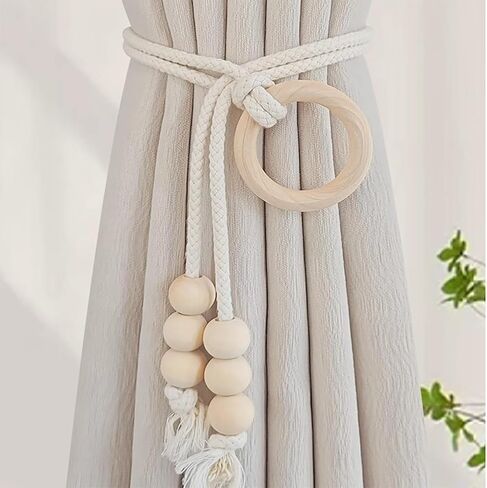 Boho Curtain Tiebacks with Wooden Beads, Handmade Window Drapery Holdbacks, Natural Cotton Rope Curtain Ties for Living Room Bedroom Decor (Set of 2) in Kuwait