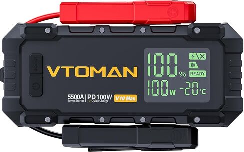VTOMAN V10 Max 5500A Jump Starter مع شاحن سريع 100 واط USB-C لبطارية السيارة المحمولة لجميع محركات الغاز أو الديزل 12 لتر، حزمة معززة للقفز بقوة 12 فولت، صندوق القفز يأتي مع شاحن سيارة 100 واط in Kuwait