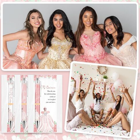 60 مجموعة من هدايا حفلات Quinceanera، 15 قلم حبر جاف، بطاقات شكر، حقائب هدايا، هدايا Quinceanera، قلم حبر أسود، هدايا شكرًا لك لحفلة عيد الميلاد الخامس عشر، هدايا تذكارية لضيوف السفرجل in Kuwait