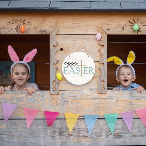 Happy Easter Sign - Minimalism Round Sign For Front Door, Porch, Farmhouse Rustic Church Home & Office Decorations, Easter Party Favors And Supplies - A04 in Saudi Arabia