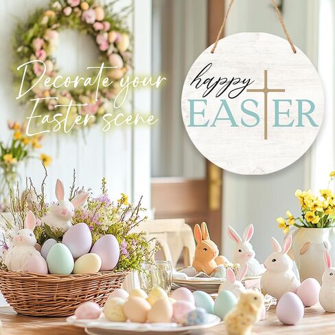 Happy Easter Sign - Minimalism Round Sign For Front Door, Porch, Farmhouse Rustic Church Home & Office Decorations, Easter Party Favors And Supplies - A04 in Saudi Arabia