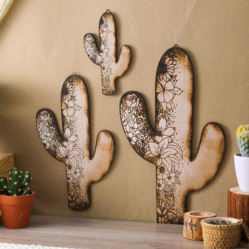 Vercraft 3 Pieces Aztec Cactus Wall Decor Vintage Hanging Western Wall Decor for Home Rustic Flower Pattern Southwest Farmhouse Wooden Cactus Sign for Living Room Bedroom Kitchen Office(Elegant Style) in Saudi Arabia