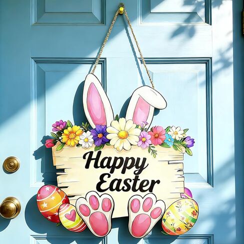 Easter Decorations Cute Bunny Door Wreath for Front Door Sign Spring Rabbit Wall Hanger with Flower Egg Wooden Hanging Signs for Outdoor Indoor Home Livingroom Bedroom Office Classroom Decor in Saudi Arabia