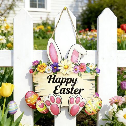 Easter Decorations Cute Bunny Door Wreath for Front Door Sign Spring Rabbit Wall Hanger with Flower Egg Wooden Hanging Signs for Outdoor Indoor Home Livingroom Bedroom Office Classroom Decor in Saudi Arabia