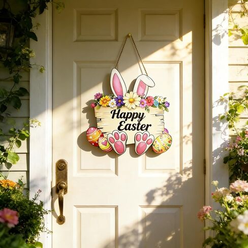 Easter Decorations Cute Bunny Door Wreath for Front Door Sign Spring Rabbit Wall Hanger with Flower Egg Wooden Hanging Signs for Outdoor Indoor Home Livingroom Bedroom Office Classroom Decor in Saudi Arabia