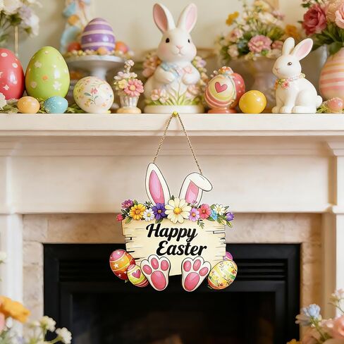 Easter Decorations Cute Bunny Door Wreath for Front Door Sign Spring Rabbit Wall Hanger with Flower Egg Wooden Hanging Signs for Outdoor Indoor Home Livingroom Bedroom Office Classroom Decor in Saudi Arabia