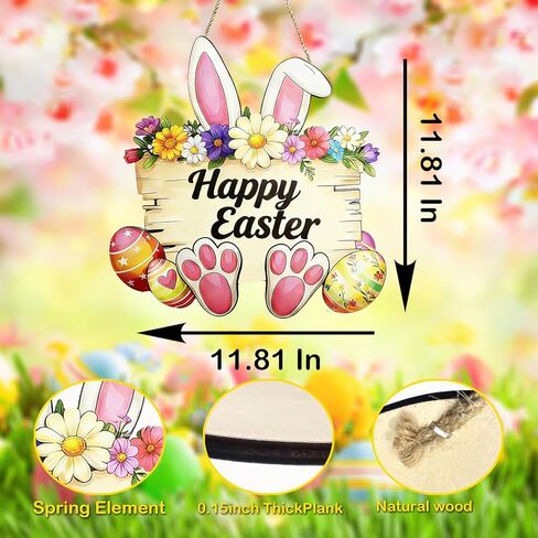 Easter Decorations Cute Bunny Door Wreath for Front Door Sign Spring Rabbit Wall Hanger with Flower Egg Wooden Hanging Signs for Outdoor Indoor Home Livingroom Bedroom Office Classroom Decor in Saudi Arabia