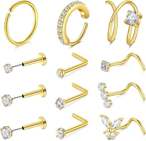 Zolure Nose Rings for Women Hoops CZ Screw L Shape Studs Threadless Flat Back Nose Studs Piercings Jewelry in Kuwait