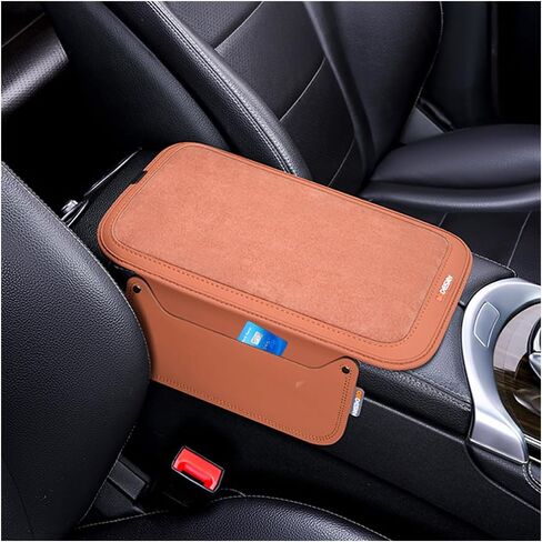 Car Center Console Cover, Leather Furry Fluffy Armrest Seat Box Cushion Pad with 2 Storage Bags, Comfortable Auto Interior Middle Console Protector, Compatible with Most Vehicle (Orange) in Kuwait
