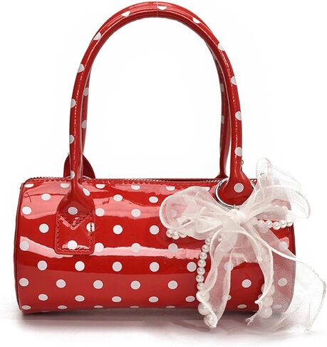 Polka Dot Purse Mini Bucket Bag Pearl Bow Charm Round Barrel Bag Patent Soft Leather Top Handle Crossbody Shoulder Handbag in Saudi Arabia